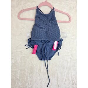 Xhilaration Womens Crochet Halter Bikini Set Vintage Indigo Blue Medium NEW